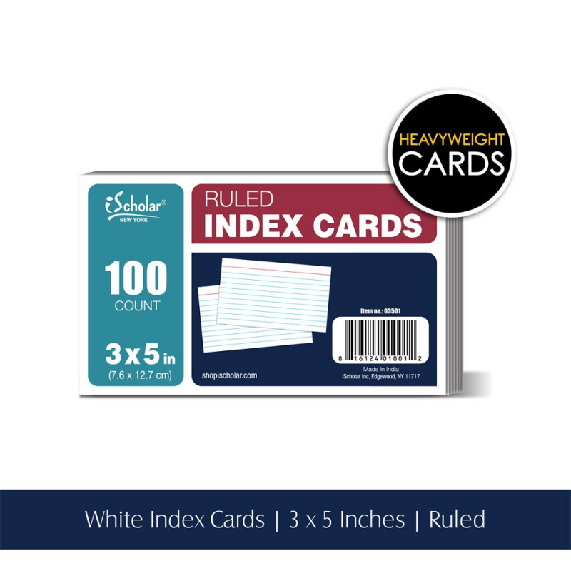 White Index Cards, Ruled 3" x 5", 100 Ct