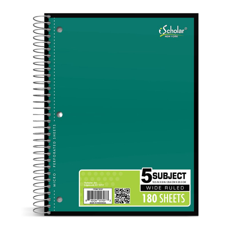5-Subject Spiral Notebook, Wide Rule 180 Sheets