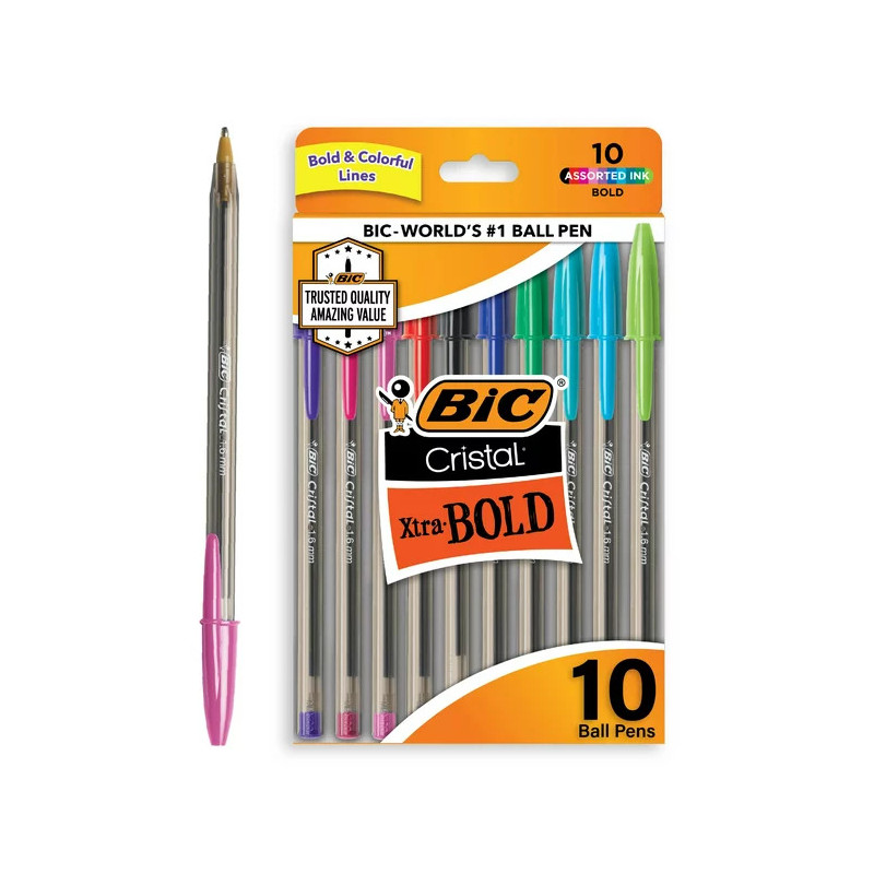 BIC Cristal Xtra Smooth Stic Ball Pens, 1.0 mm, Blue Ink, Pack of 10