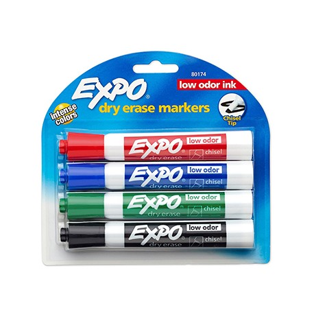 Expo Low-Odor Dry Erase Markers, Chisel Tip, 4-Color Set
