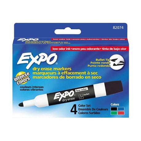 Expo 2 Low Odor Dry Erase Markers, 4 Color Set, Bullet Tip