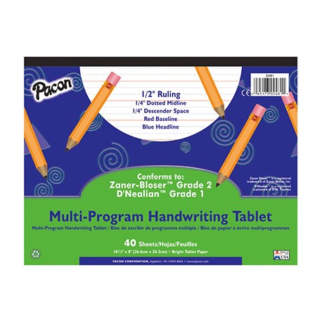 Pacon Multi-Program Handwriting Papers, D'Nealian (1), 10 1/2" x 8", 1/2" long, Tablet