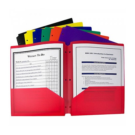 Letter Sized 3-Hole Folders with Pockets Dunwell Plastic 3-Hole Binder Folders - 6 Pack, Black, Blue Red Includes Adhesive Labels not A4 3-Hole Punch Folders with Pockets 2-Pocket Folder 